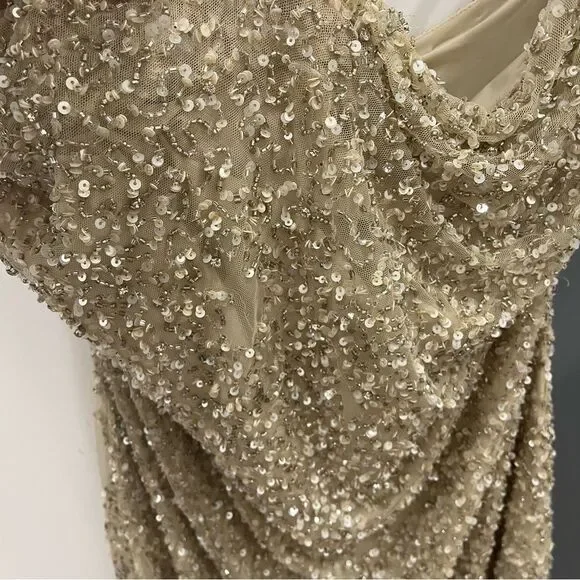 Retrofete Nude Beige Champagne Sequin Beaded Mich Cowl Neck Mini Slip Dress M
